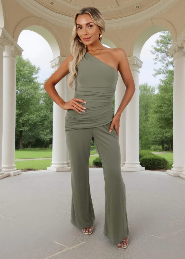 AX Paris Light Khaki One Shoulder Draped Waist Jumpsuit