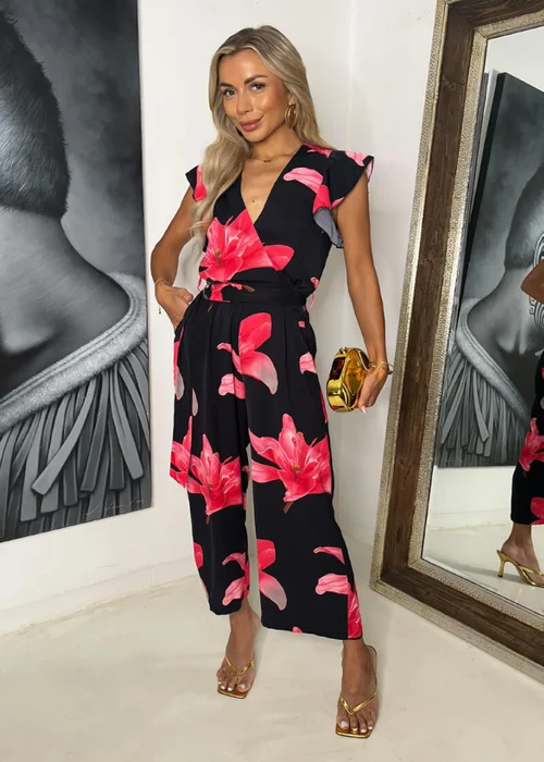 AX Paris Black & Cerise Floral Print Wrap Top Belted Jumpsuit - 12 Image 1