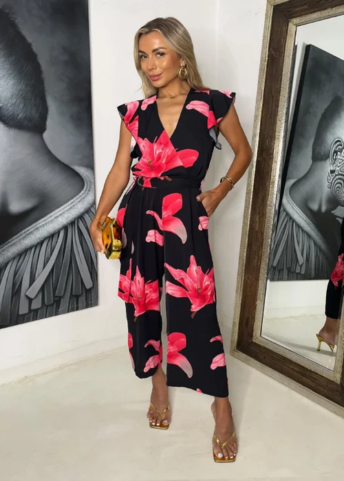 AX Paris Black & Cerise Floral Print Wrap Top Belted Jumpsuit - 12 Image 3