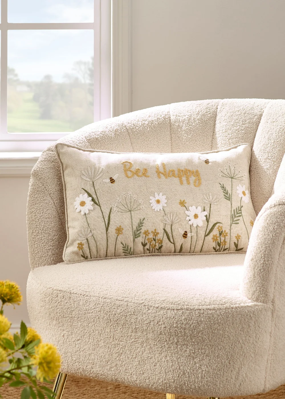 Catherine Lansfield Bee Happy Embroidered 30x50cm Cushion Natural - One Size Image 1