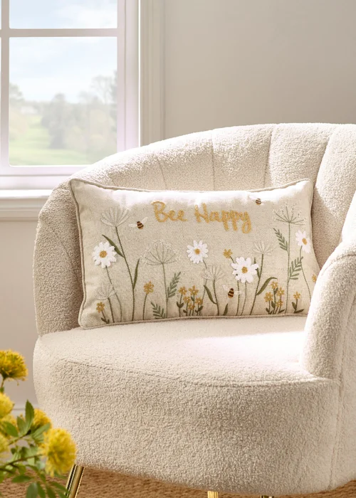 Catherine Lansfield Bee Happy Embroidered 30x50cm Cushion Natural - One Size Image 1