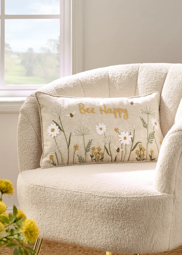Catherine Lansfield Bee Happy Embroidered 30x50cm Cushion Natural