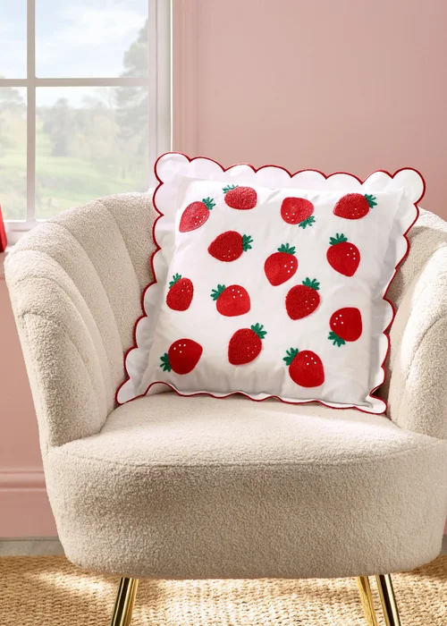 Catherine Lansfield Strawberry Embroidered 45x45cm Cushion Red - 45cm x 45cm Image 1