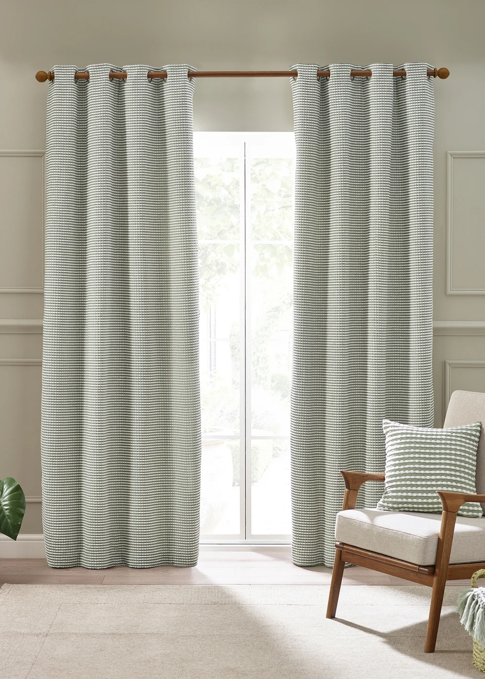 Catherine Lansfield Stab Stitch Lined Eyelet Curtains Sage Green - 46W X 54D (116x137cm) Image 1