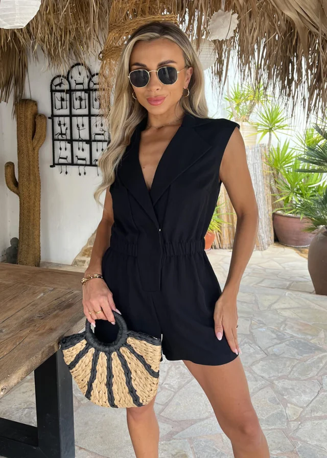 AX Paris Black Collared Shirt Playsuit