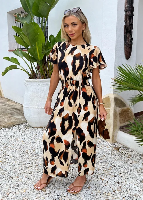 AX Paris Brown Bold Leopard Print Flutter Sleeve Midi Dress - 10 Image 3