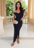 AX Paris Navy Off Shoulder Wrap Top Ruched Skirt Midi Dress - 8 Image 1