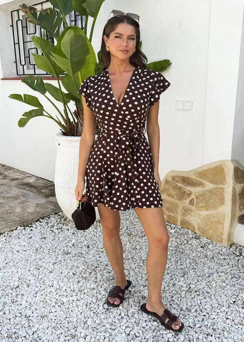 AX Paris Chocolate Polka Dot Print Wrap Top Skater Mini Dress - 14 Image 3