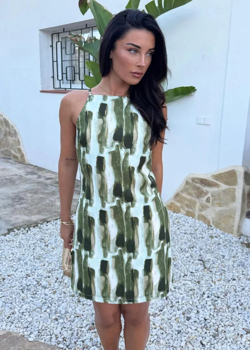 AX Paris Khaki Brush Stroke Print Racer Neck Slip Mini Dress - 6 Image 3