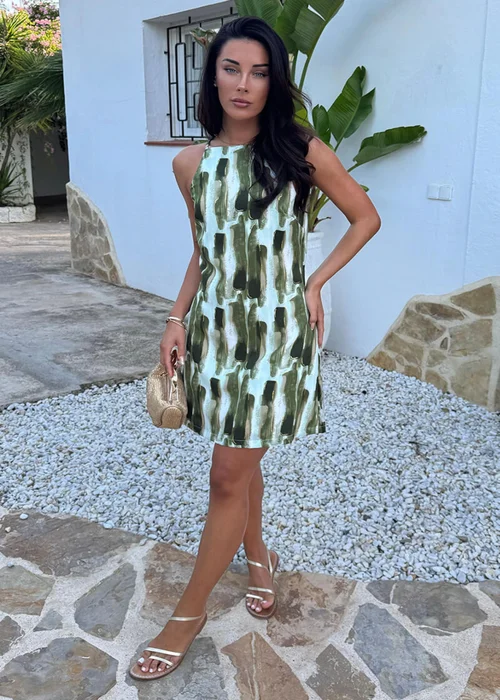 AX Paris Khaki Brush Stroke Print Racer Neck Slip Mini Dress - 6 Image 2