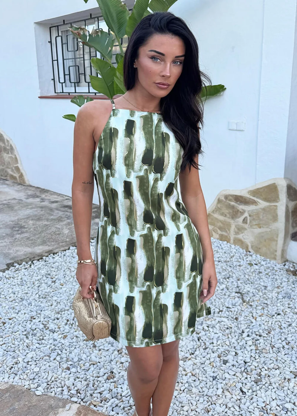 AX Paris Khaki Brush Stroke Print Racer Neck Slip Mini Dress - 6 Image 1