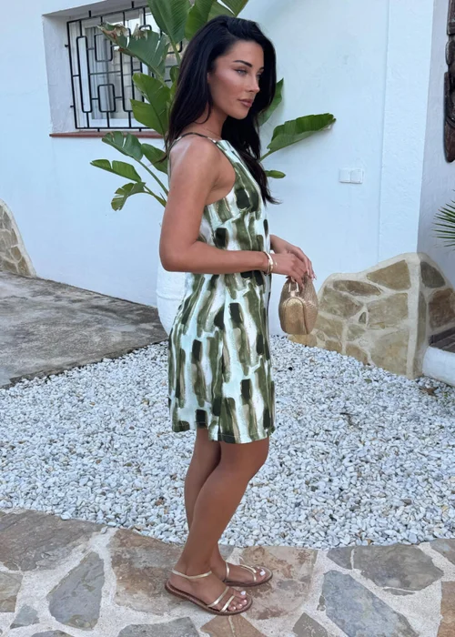 AX Paris Khaki Brush Stroke Print Racer Neck Slip Mini Dress - 6 Image 4