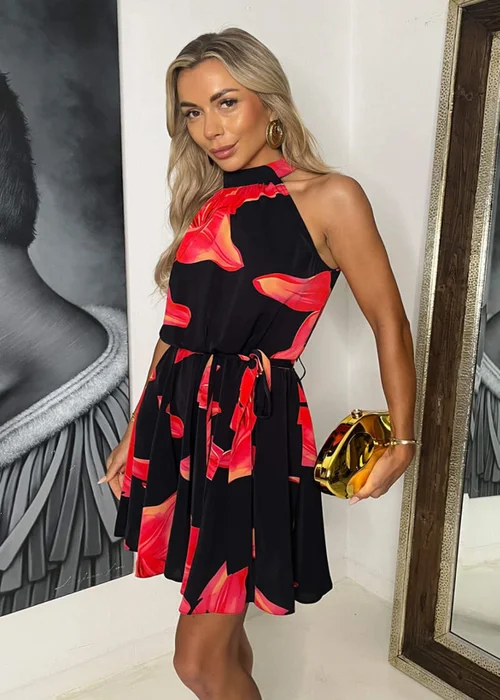 AX Paris Black & Coral Red Floral Print Halter Neck Mini Dress - 8 Image 1