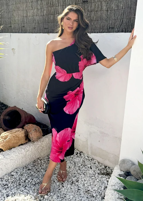 AX Paris Black & Magenta Floral Print One Sleeve Midi Dress - 12 Image 2