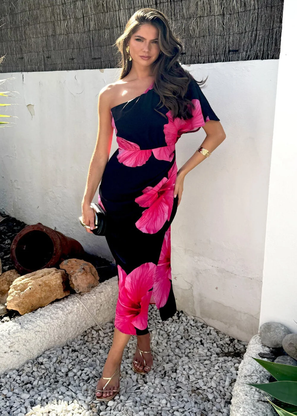 AX Paris Black & Magenta Floral Print One Sleeve Midi Dress - 12 Image 1