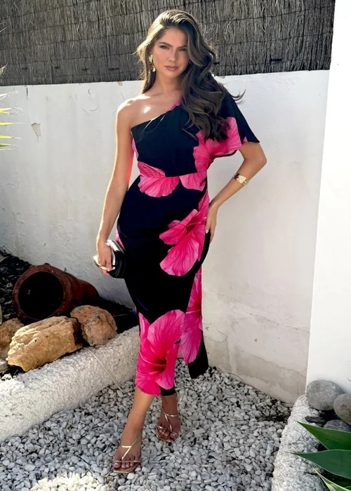 AX Paris Black & Magenta Floral Print One Sleeve Midi Dress - 12 Image 1