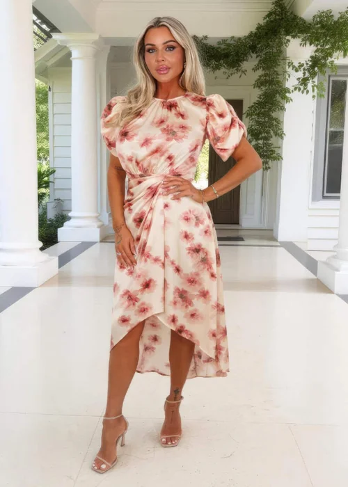 AX Paris Blush Floral Print Puff Sleeve Gathered Side Midi Dress - 14 Image 2