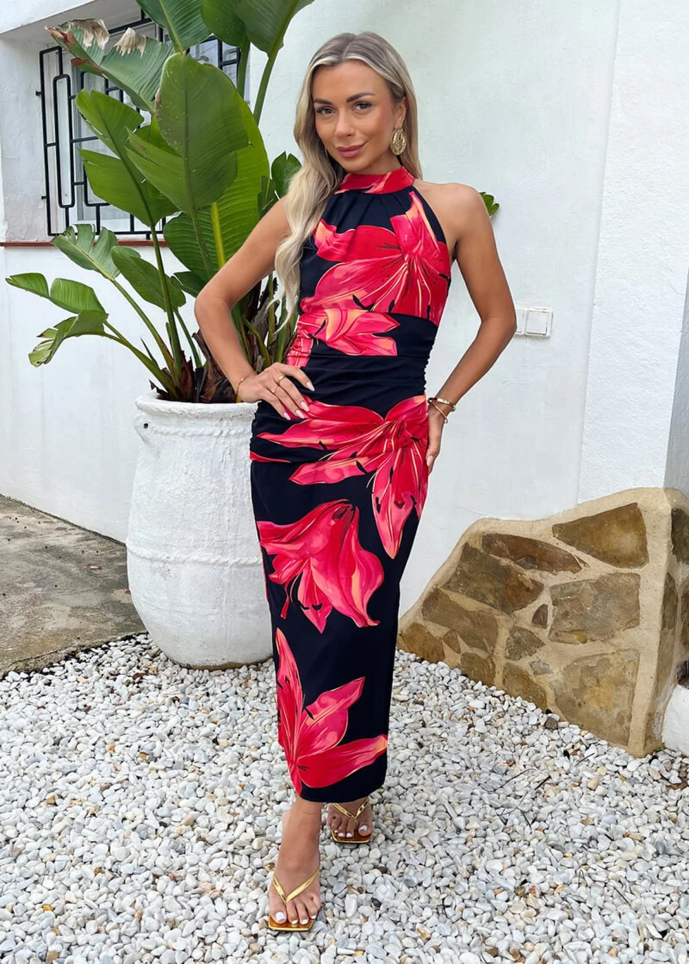 AX Paris Black & Coral Red Floral Print Halter Neck Midi Dress - 10 Image 1
