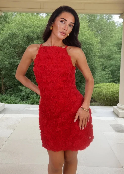 AX Paris Red Rose-Applique Racer Neck Slip Mini Dress - 10 Image 3