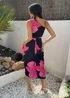 AX Paris Black & Magenta Floral Print Strap Detail Gathered Midi Dress - 6 Image 5