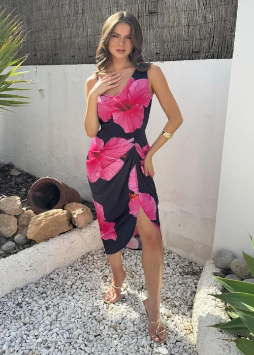 AX Paris Black & Magenta Floral Print Strap Detail Gathered Midi Dress - 6 Image 2