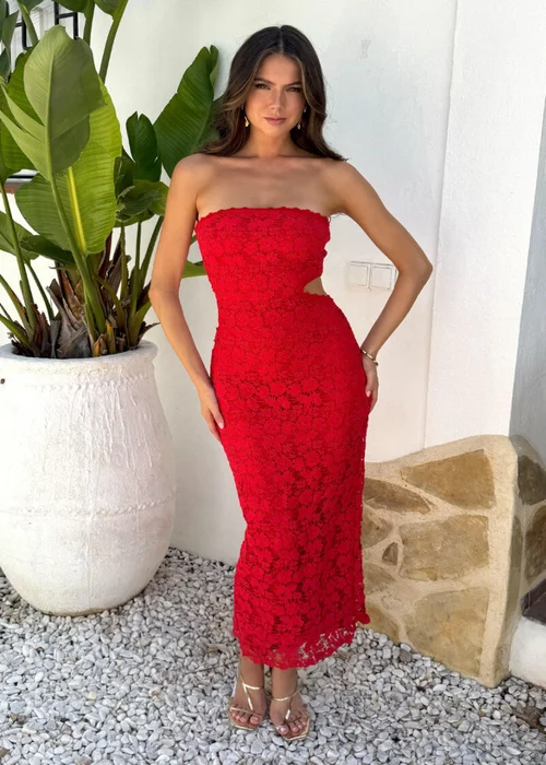 AX Paris Red Embroidered Overlay Bandeau Cut Out Midi Dress - 6 Image 2