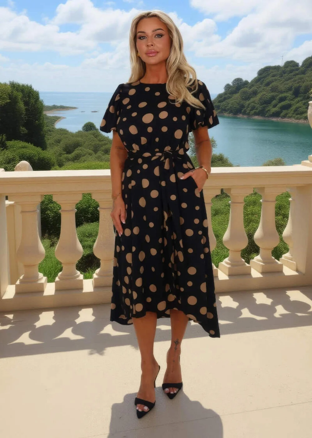 AX Paris Black & Stone Polka Dot Puff Sleeve Tie Waist Midi Dress - 16 Image 2