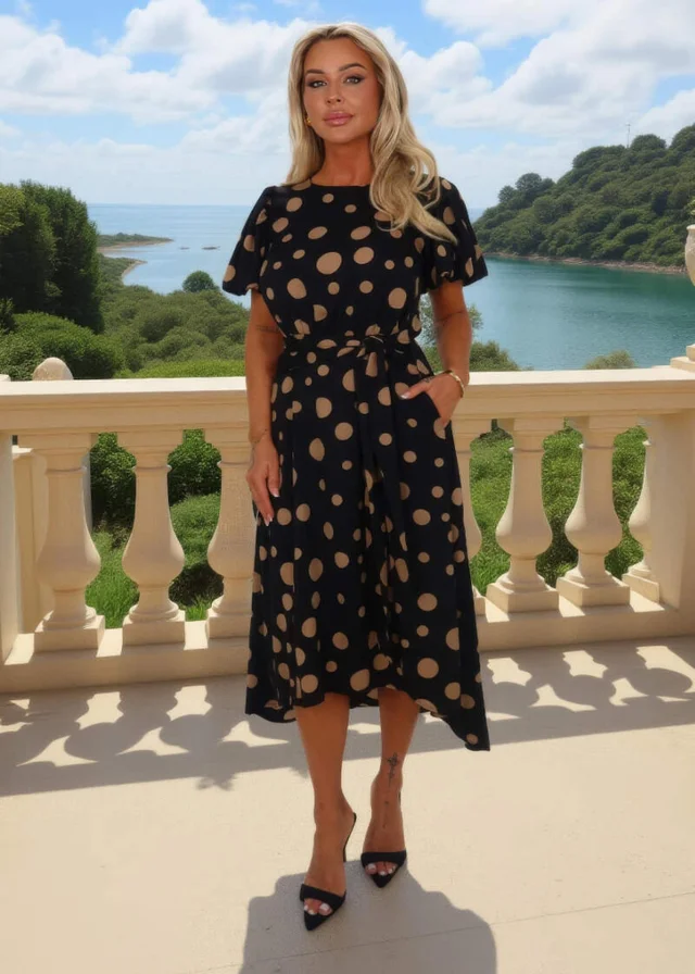 AX Paris Black & Stone Polka Dot Puff Sleeve Tie Waist Midi Dress