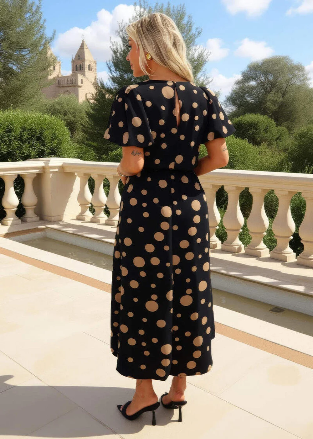 AX Paris Black & Stone Polka Dot Puff Sleeve Tie Waist Midi Dress - 8 Image 5