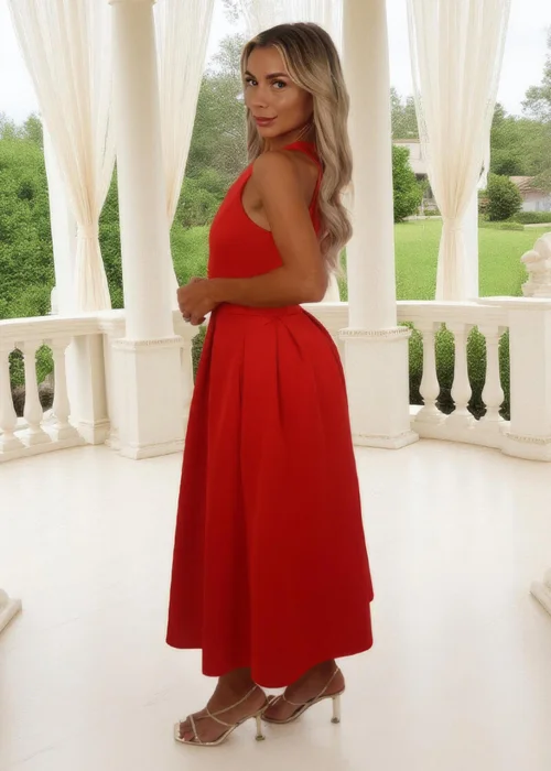 AX Paris Blood Orange Racer Neck Pleated Skirt Midi Dress - 18 Image 4