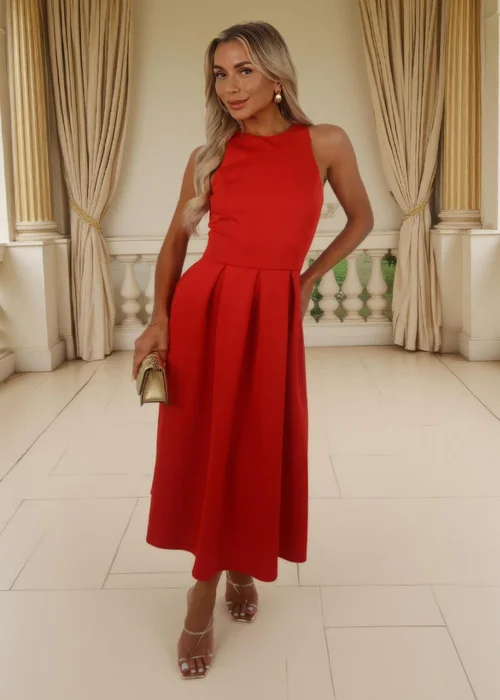 AX Paris Blood Orange Racer Neck Pleated Skirt Midi Dress - 18 Image 3