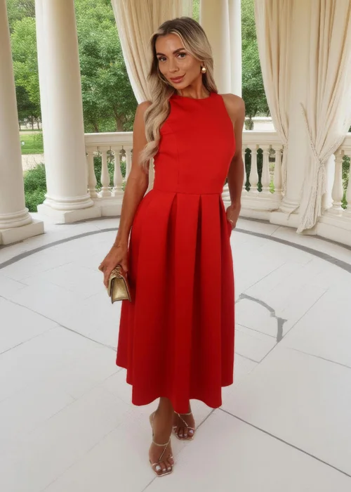 AX Paris Blood Orange Racer Neck Pleated Skirt Midi Dress - 18 Image 2