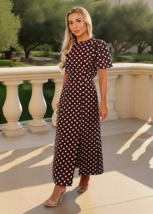AX Paris Chocolate Polka Dot Print Puff Sleeve Midi Dress - 14 Image 2