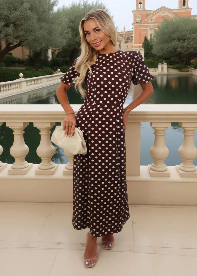 AX Paris Chocolate Polka Dot Print Puff Sleeve Midi Dress