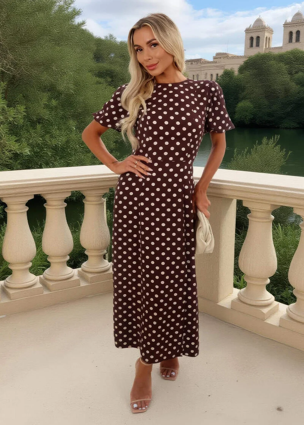 AX Paris Chocolate Polka Dot Print Puff Sleeve Midi Dress - 18 Image 4