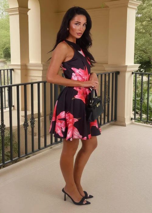 AX Paris Black & Cerise Floral Print Scuba Skater Mini Dress - 14 Image 2