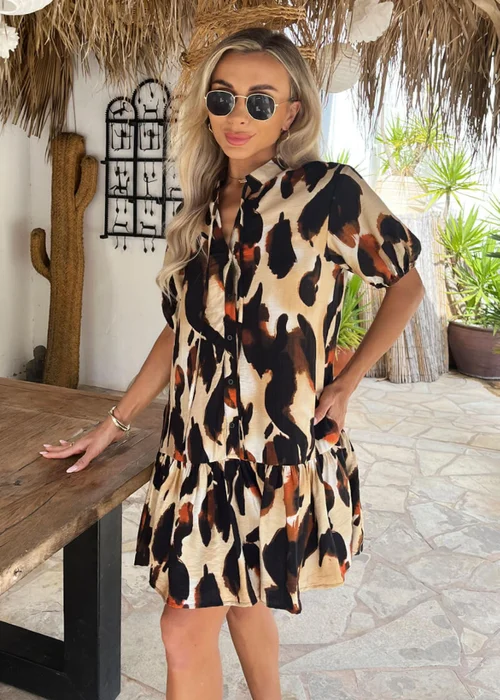 AX Paris Brown Bold Leopard Print Button Front Frill Hem Mini Dress - 14 Image 1