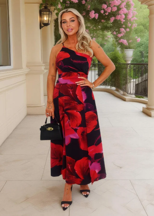 AX Paris Multi Floral Print One Shoulder Ruched Waist Midi Dress