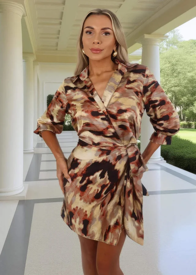 AX Paris Brown Smudge Print Tie Waist Wrap Shirt Mini Dress