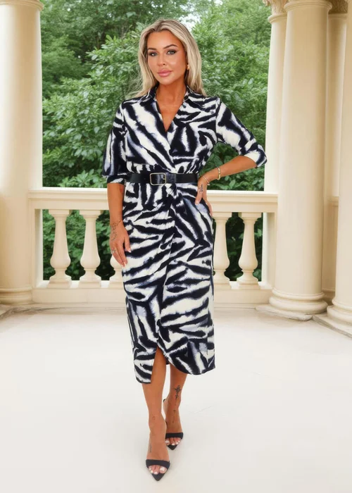 AX Paris Black & White Animal Print Belted Wrap Shirt Midi Dress - 16 Image 3
