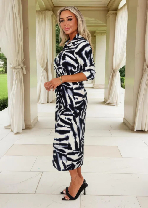 AX Paris Black & White Animal Print Belted Wrap Shirt Midi Dress - 16 Image 4