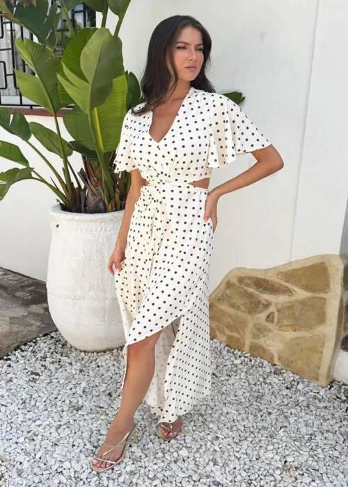 AX Paris Cream And Brown Polka Dot Cut Out Knot Detail Midi Dress - 16 Image 2