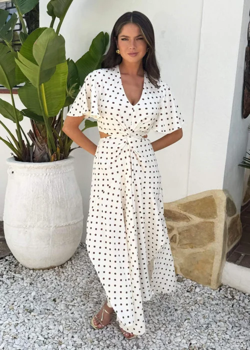 AX Paris Cream And Brown Polka Dot Cut Out Knot Detail Midi Dress - 16 Image 3