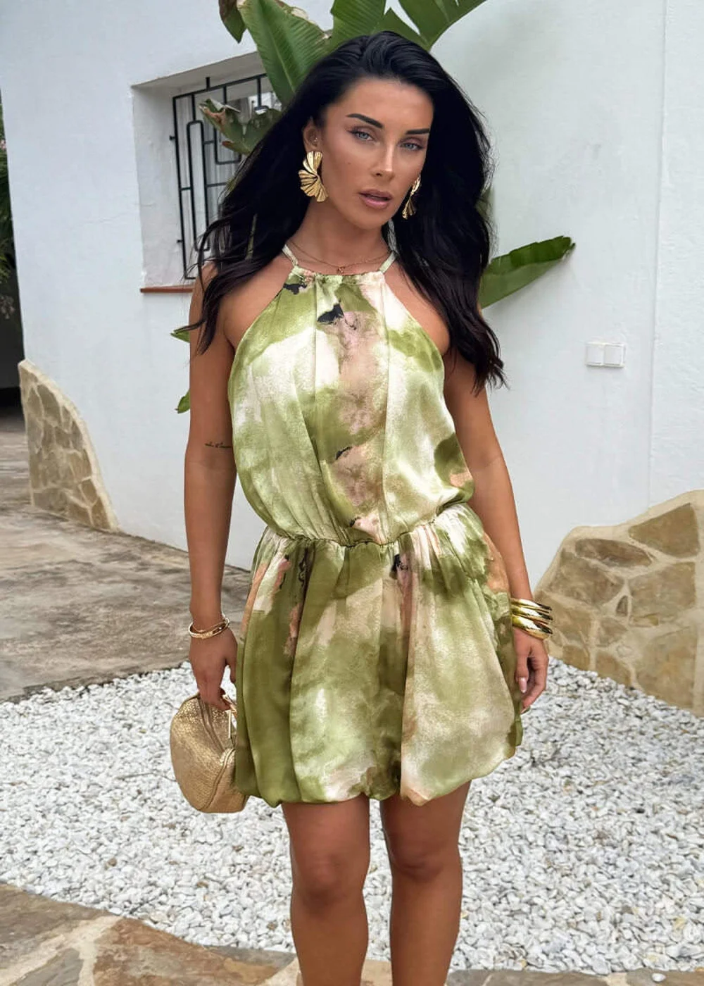 AX Paris Lime Marble Print Racer Neck Bubble Hem Mini Dress - 8 Image 1