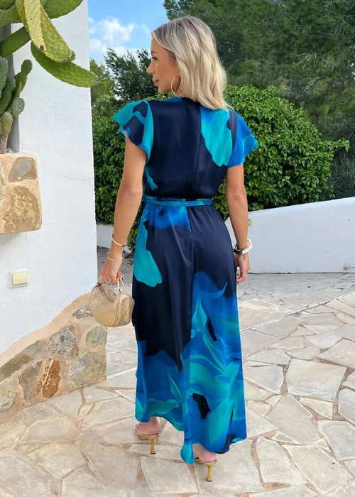 AX Paris Navy Bold Floral Print Flutter Sleeve Belted Wrap Midi Dress - 10 Image 5