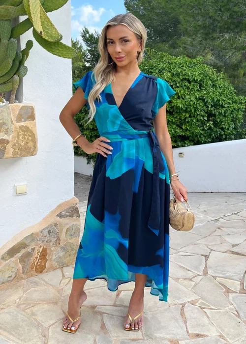 AX Paris Navy Bold Floral Print Flutter Sleeve Belted Wrap Midi Dress - 10 Image 1