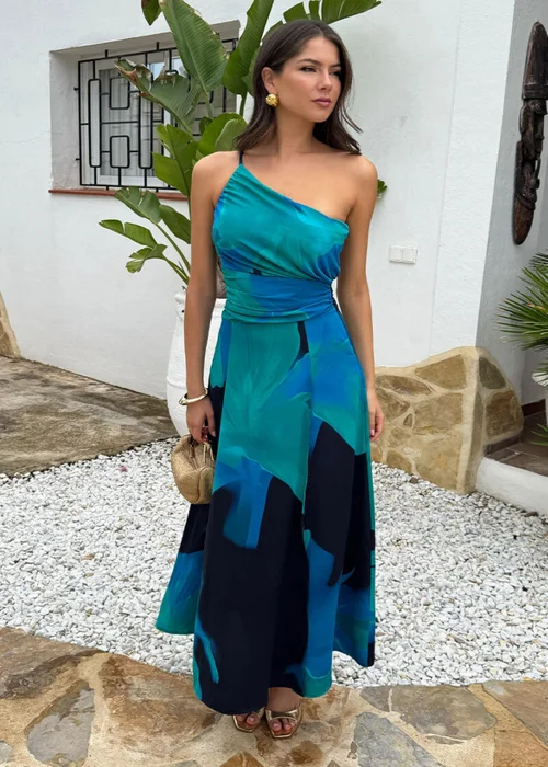 AX Paris Navy Bold Floral Print One Shoulder Ruched Waist Midi Dress - 12 Image 2