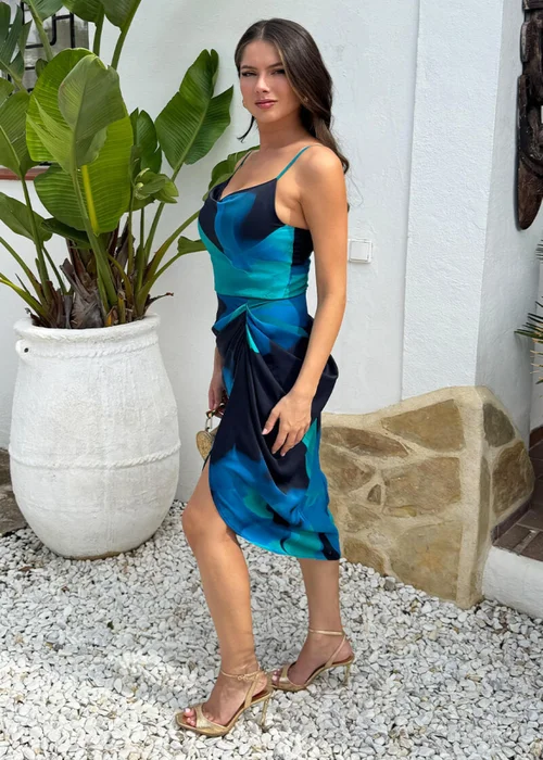 AX Paris Navy Bold Floral Print Gathered Skirt Strappy Midi Dress - 12 Image 4