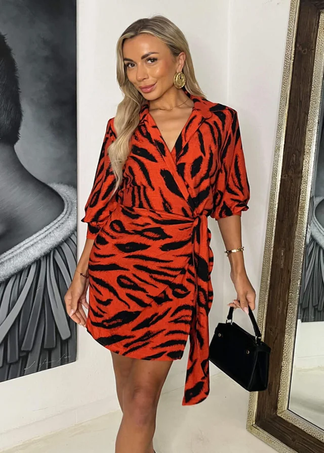 AX Paris Orange Tiger Print Tie Waist Wrap Shirt Mini Dress
