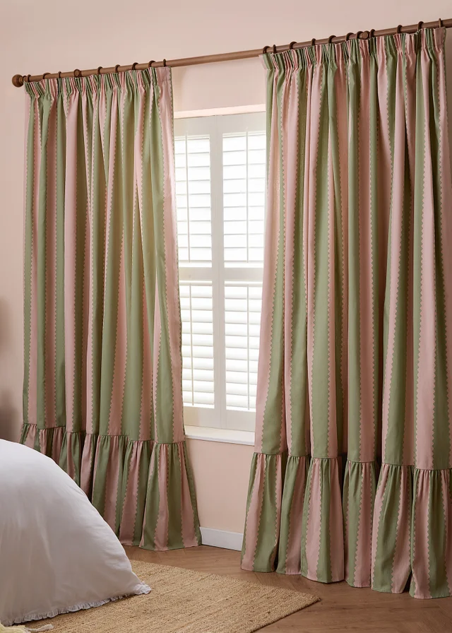 Wylder Birdie Stripe Ruffle Pink/Green Pencil Pleat Curtain Pair